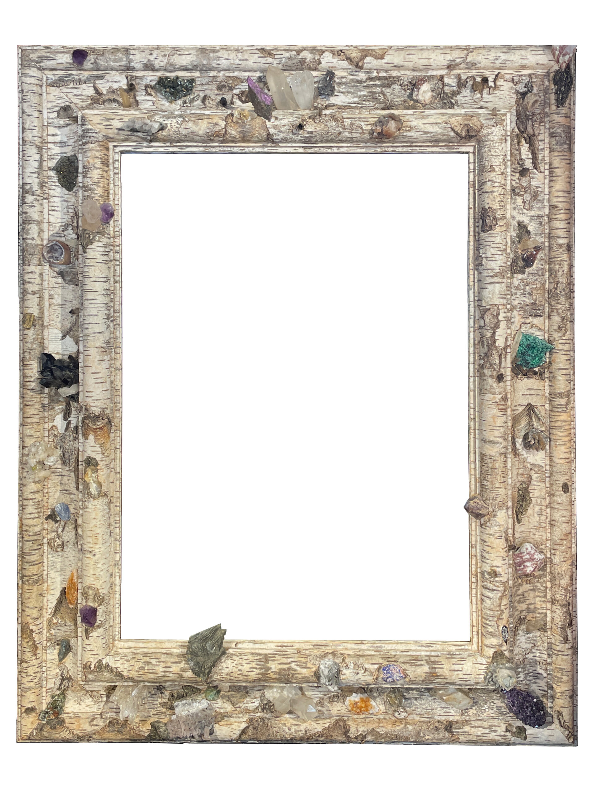 GRAND MIROIR DE STYLE LOUIS XIV RECOUVERT D’ECORCE DE BOULEAU ET INCRUSTATIONS DE MINÉRAUX