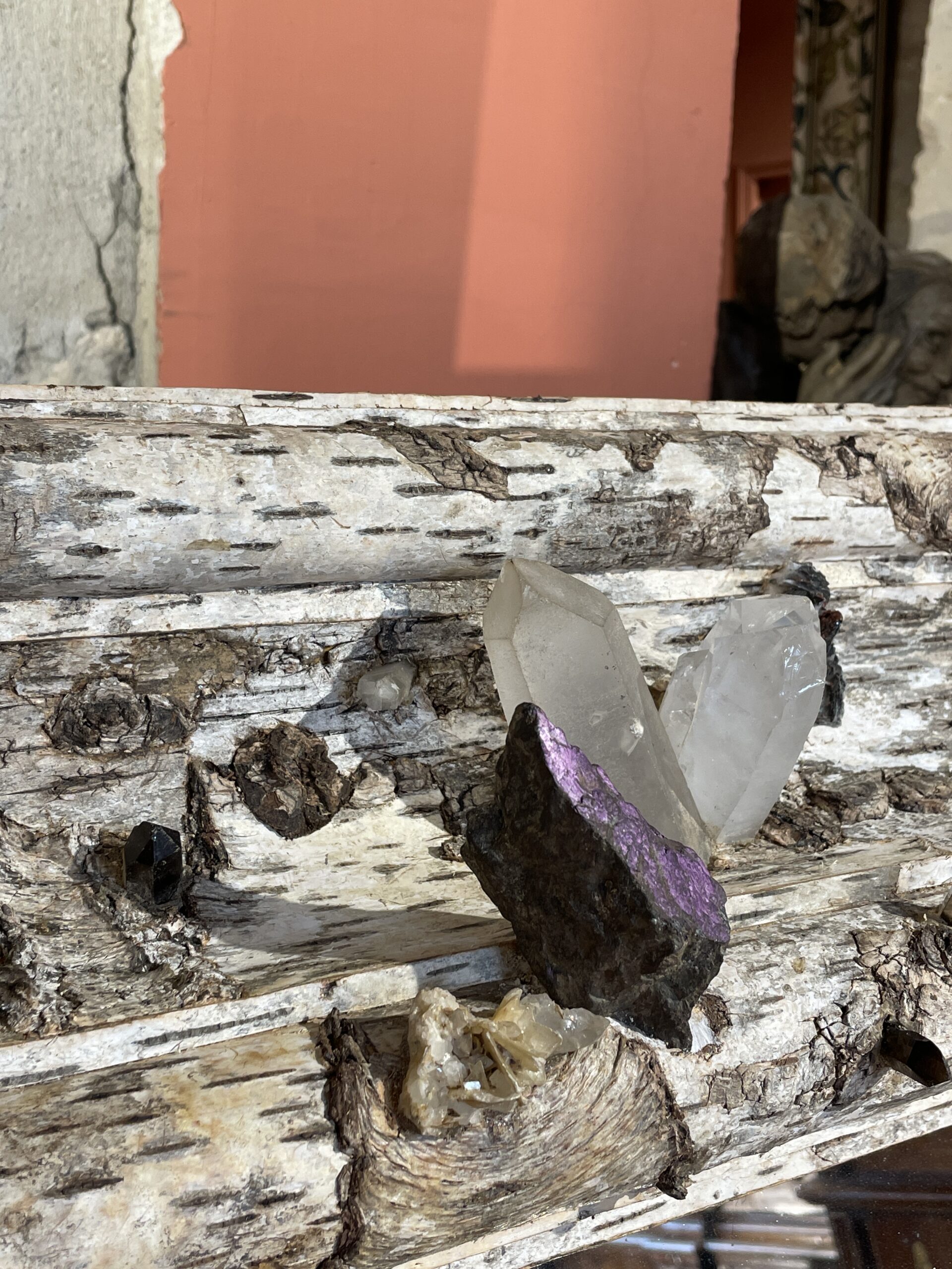 GRAND MIROIR DE STYLE LOUIS XIV RECOUVERT D’ECORCE DE BOULEAU ET INCRUSTATIONS DE MINÉRAUX