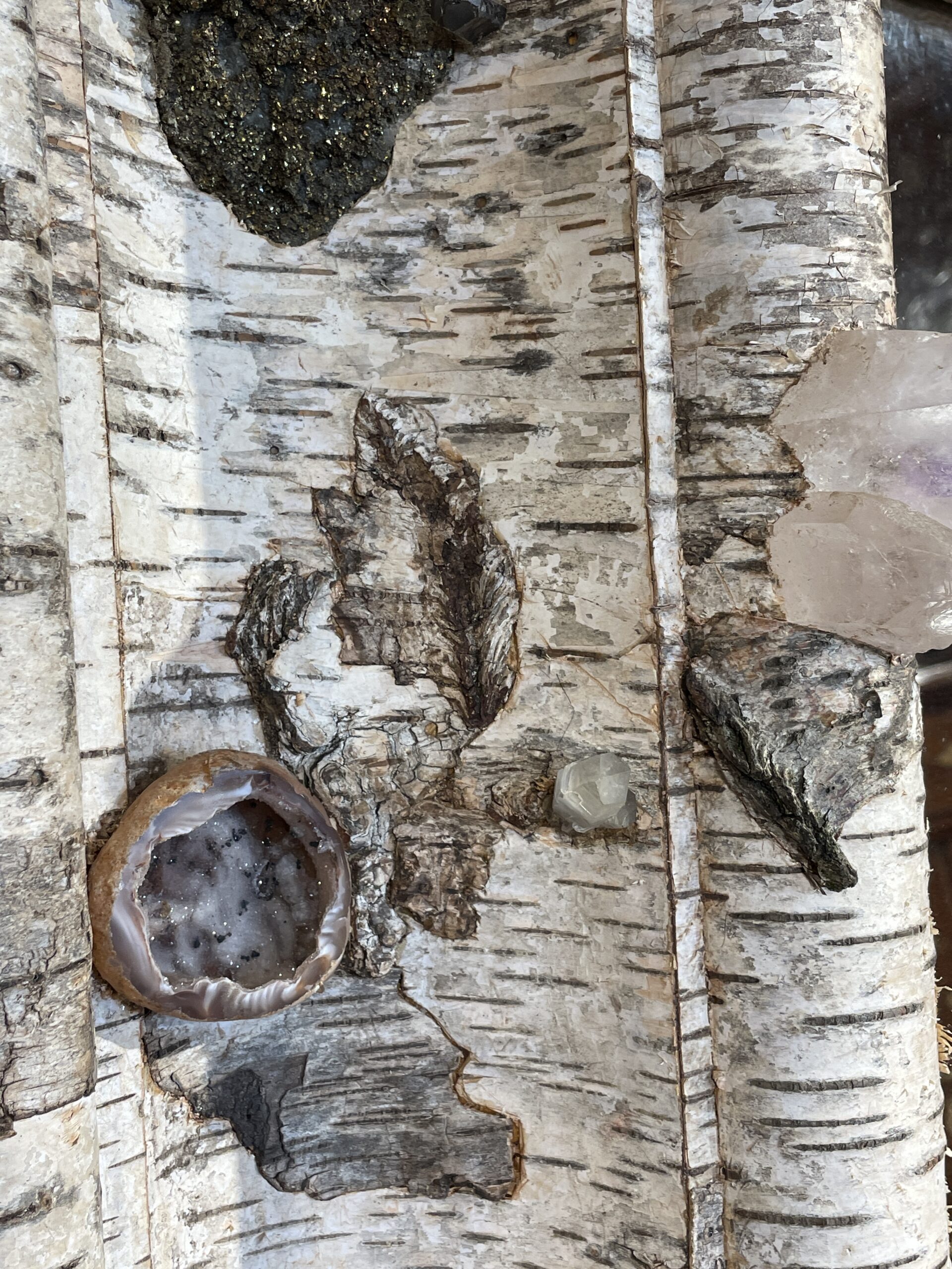 GRAND MIROIR DE STYLE LOUIS XIV RECOUVERT D’ECORCE DE BOULEAU ET INCRUSTATIONS DE MINÉRAUX