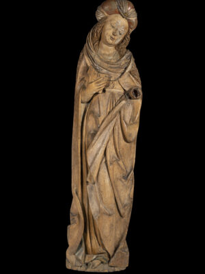 IMPORTANT BOIS D’APPLIQUE DE LA FIN DU XVème SIECLE REPRÉSENTANT UNE SAINTE FEMME AU LIVRE