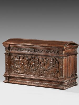 COFFRE D’ÉPOQUE FRANÇOIS PREMIER DU VAL DE LOIRE PRESENTANT UNE ÔDE À BACCHUS